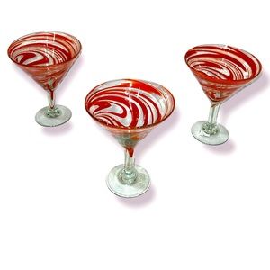 Set of 3 large Hand blown groovy red swirl Mexican Martini Glasses